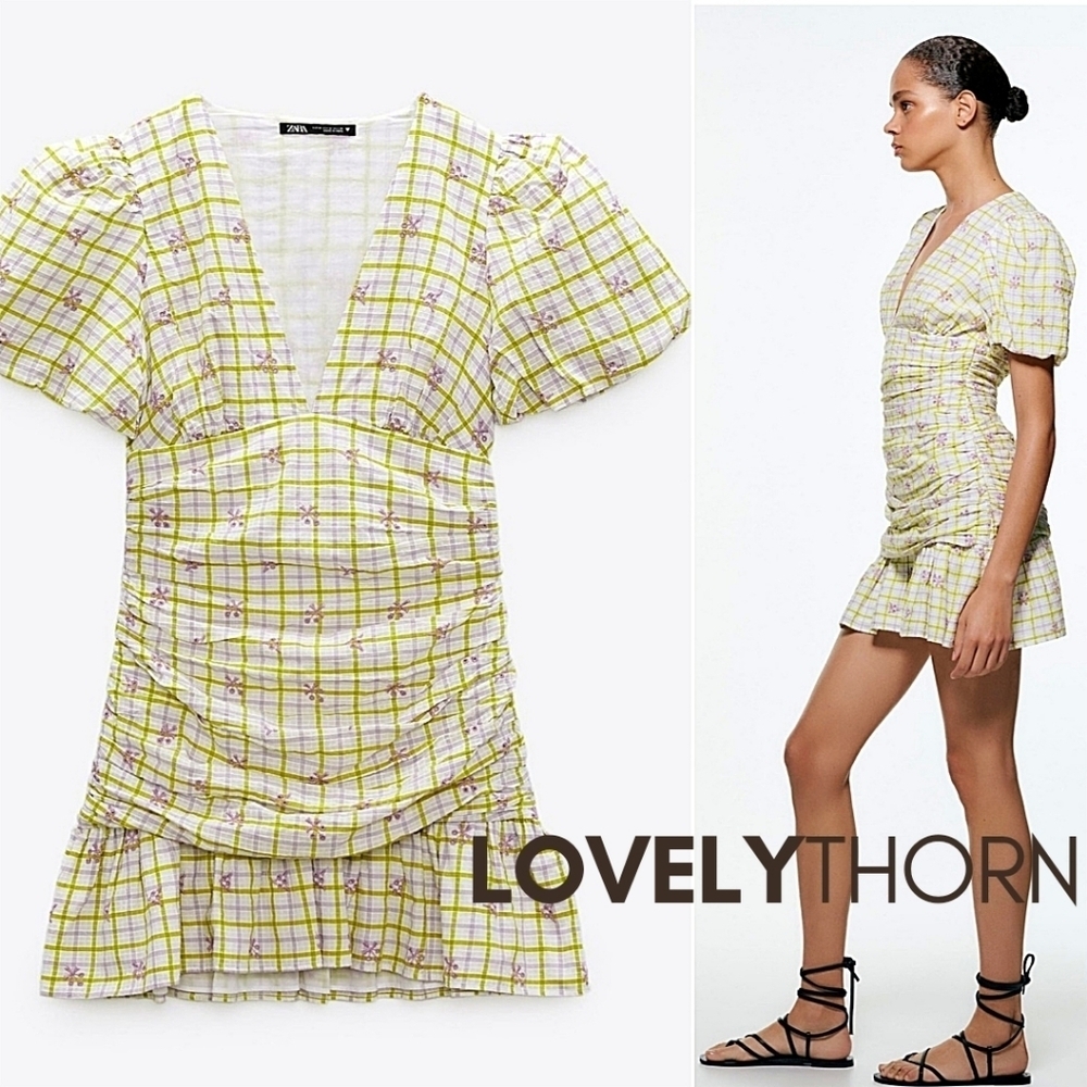 ZARA // floral checkered print plunge puff sleeve draped mini dress - Picture 4 of 13